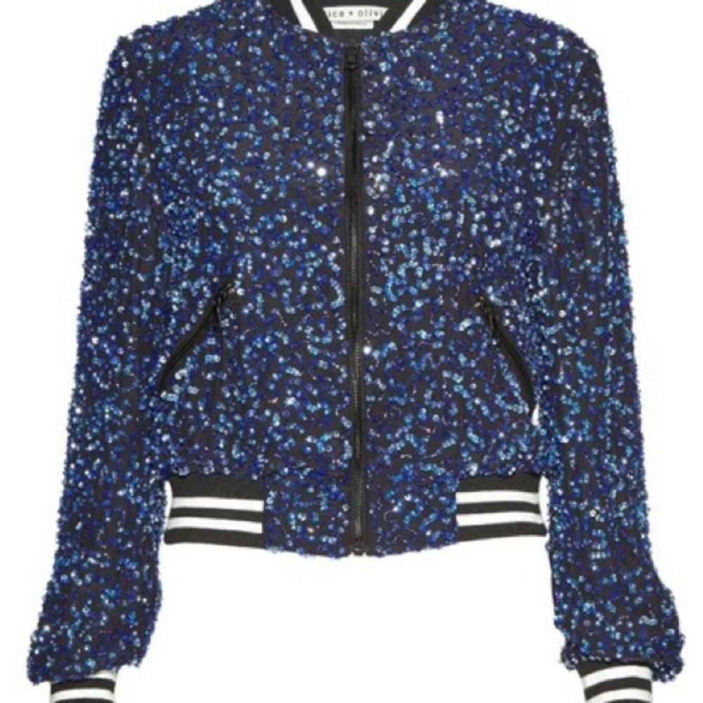 Alice + Olivia Blue Sequin Bomber Jacket